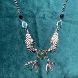 Silver and Blue Winged Pendant Necklace with Gold Accents